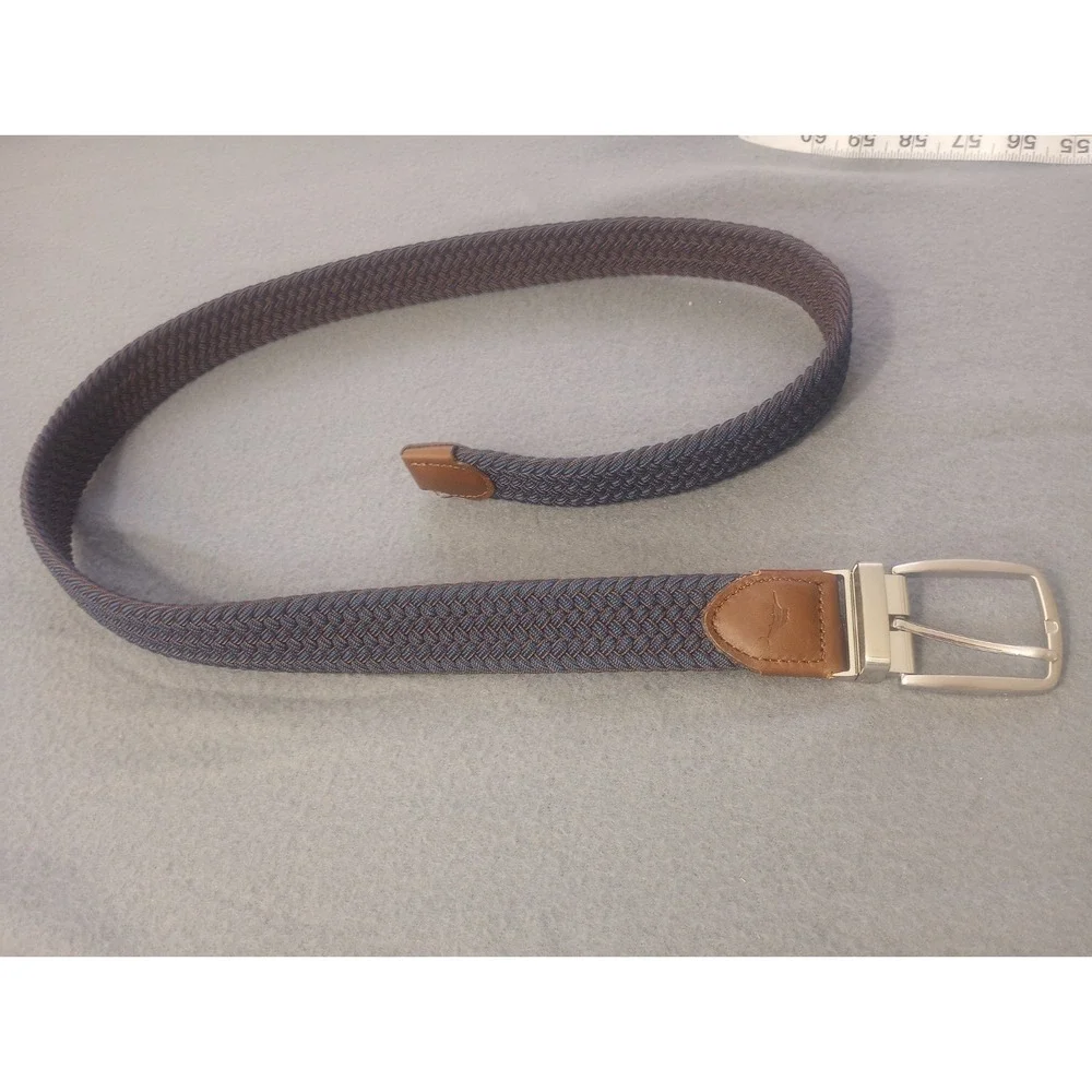 Tommy Bahama Braided Genuine Leather Trim Belt Blue Brown Size S / M Adjustable